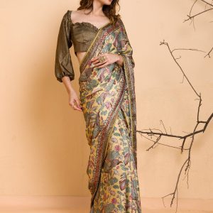 Lemon Yellow Floral Printed Semi Crepe Designer Saree