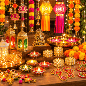 Premium Diwali Decoration Combo – Decorative Diyas, LED Lanterns, Floral Garlands & Festive Home Accessories